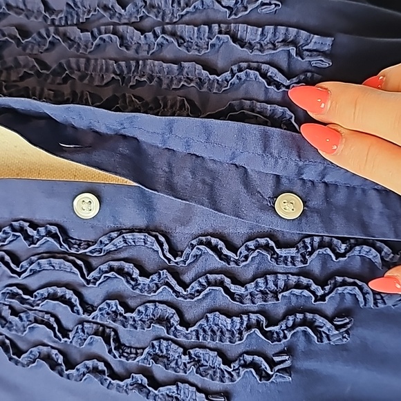 NEW RALPH LAUREN SPORT NAVY BLUE RUFFLE FRONT BUTTON-UP BLOUSE - Picture 11 of 14
